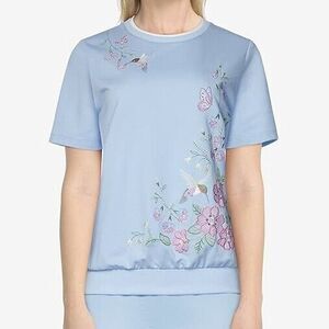 Alfred Dunner Women's S Cornflower Blue Hummingbird & Floral Embroidered Top